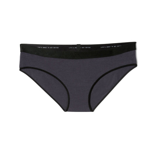 A Better Cotton Bikini by Better Clothing Company, a breathable women's brief made of cotton in black and grey.