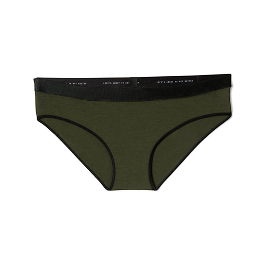 A comfortable Better Cotton Bikini in olive green with black trim from the Better Clothing Company.